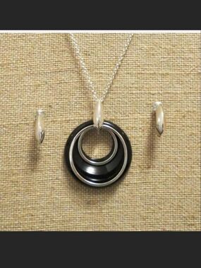 Silver and Black Circular Pendant Necklace and Earring Set